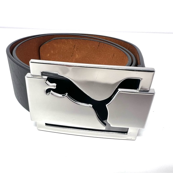 Puma Men’s Square Buckle Silver Tone Golf Belt Sz S 80cm Black Leather NWOT - Picture 1 of 9